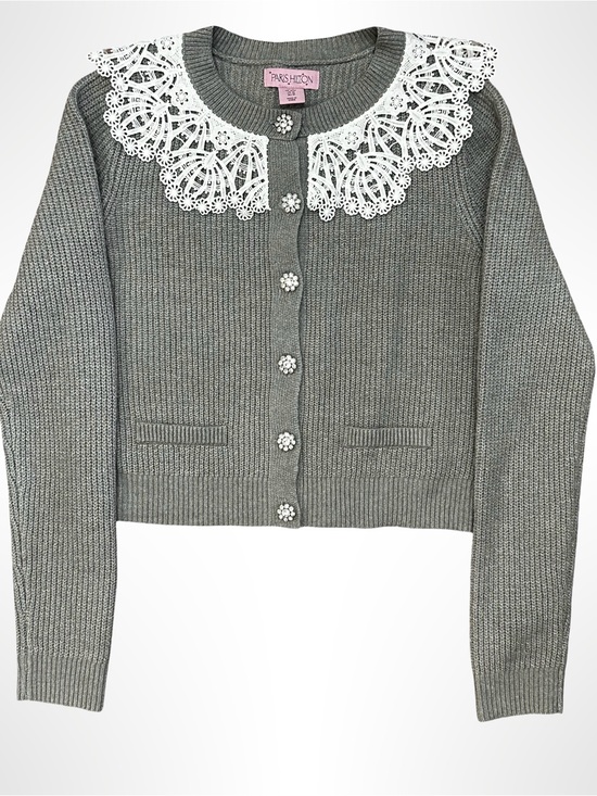 Paris Hilton Sweaters - Paris Hilton Gray Cardigan with Decorative Lace Collar